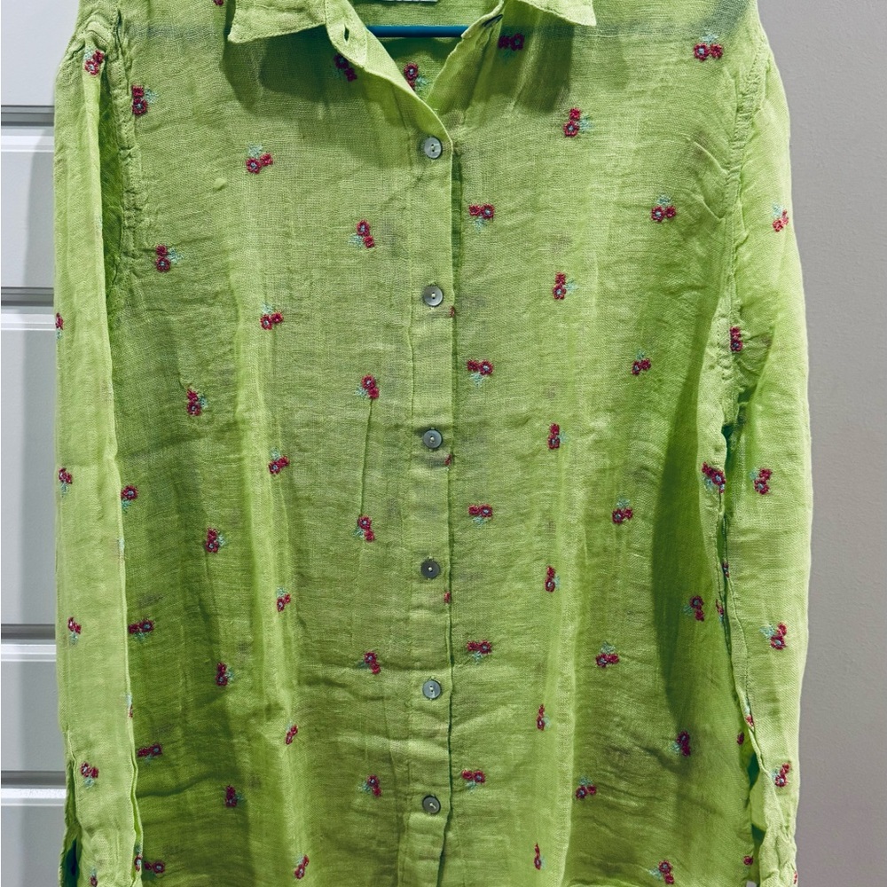 Haris Corron Women’s Breezy Blossoms Linen Button-Up Blouse in Kiwi Size M